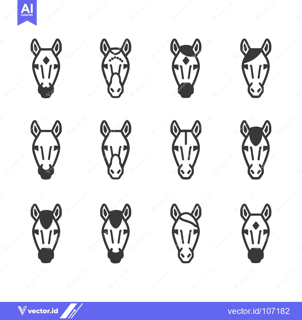 Premium Vector of Twelve Black and White Zebra Head Icons in a Grid