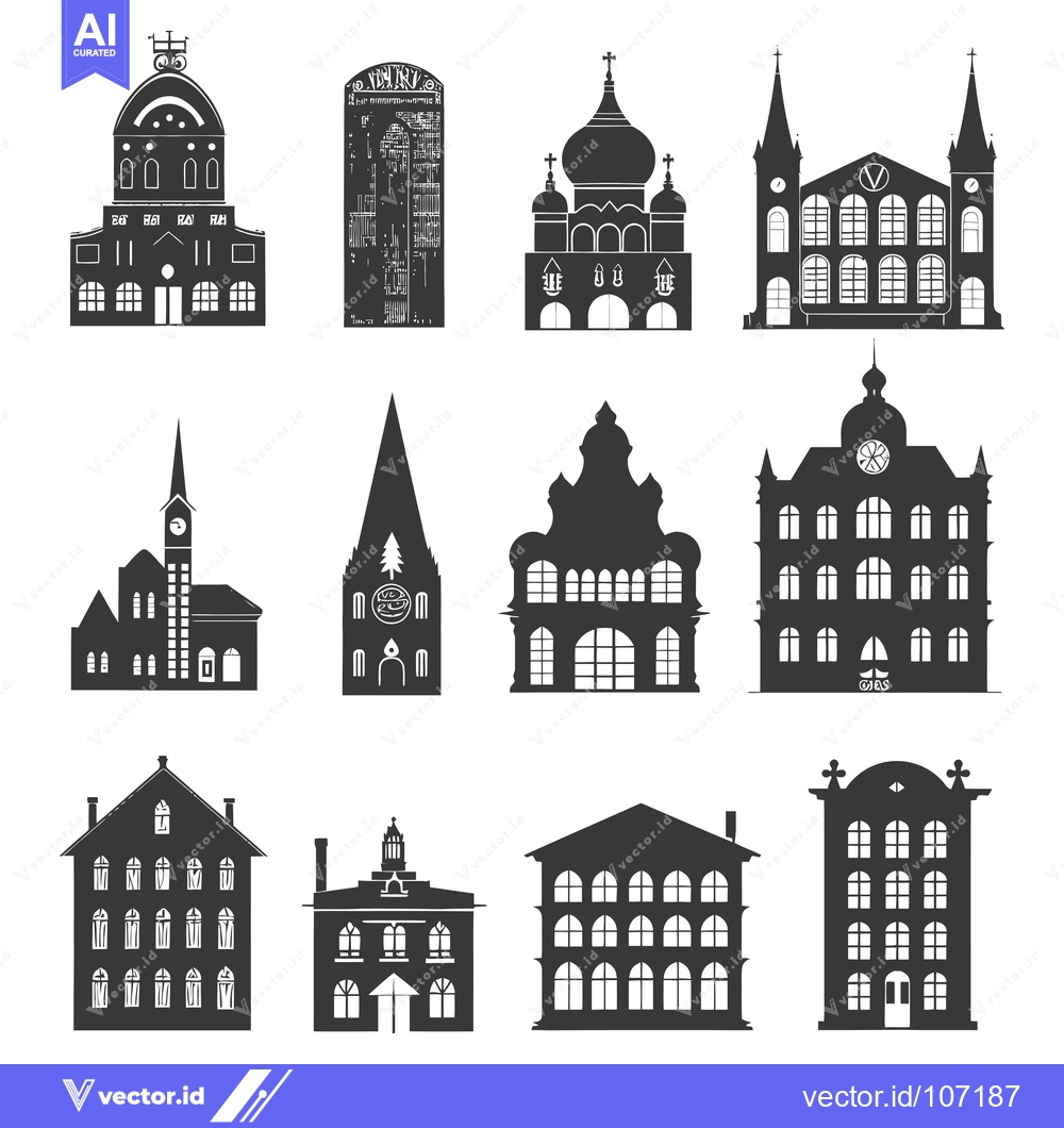 Premium Vector dari Twelve Black Silhouettes of Different Styles of Buildings