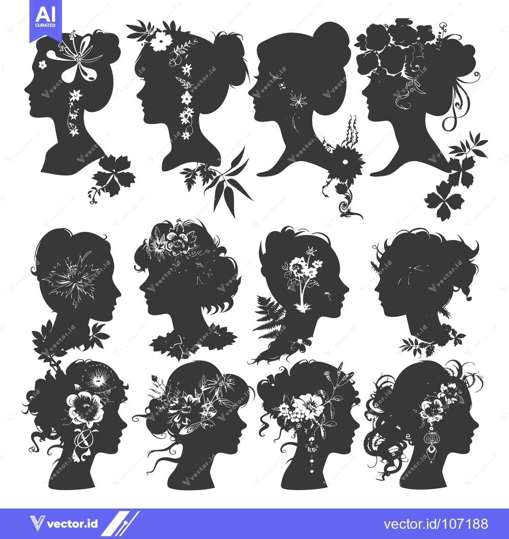Premium Vector dari Twelve Black Silhouettes of Female Faces Adorned with Flowers