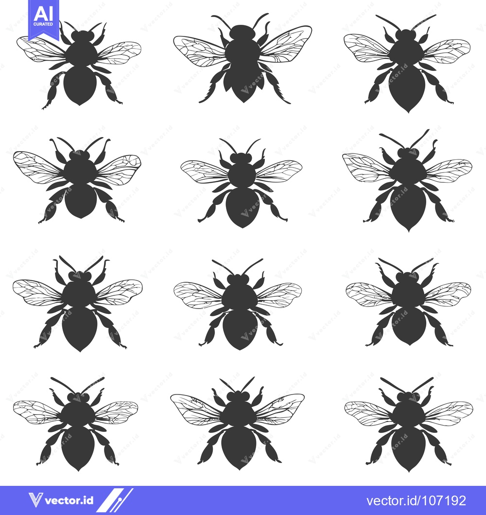 Premium Vector dari Twelve Detailed Silhouettes of Bees with Spread Wings