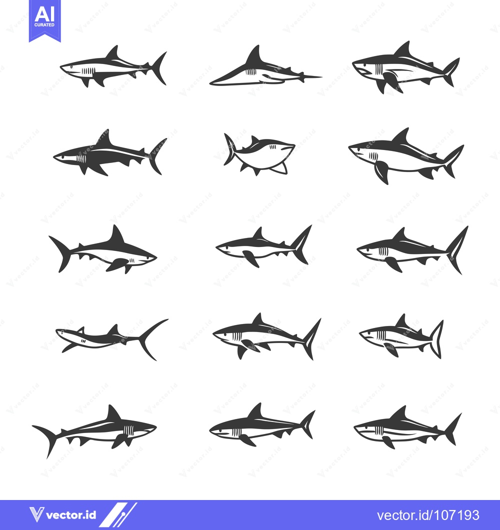 Premium Vector of Twelve Different Black and White Shark Silhouettes