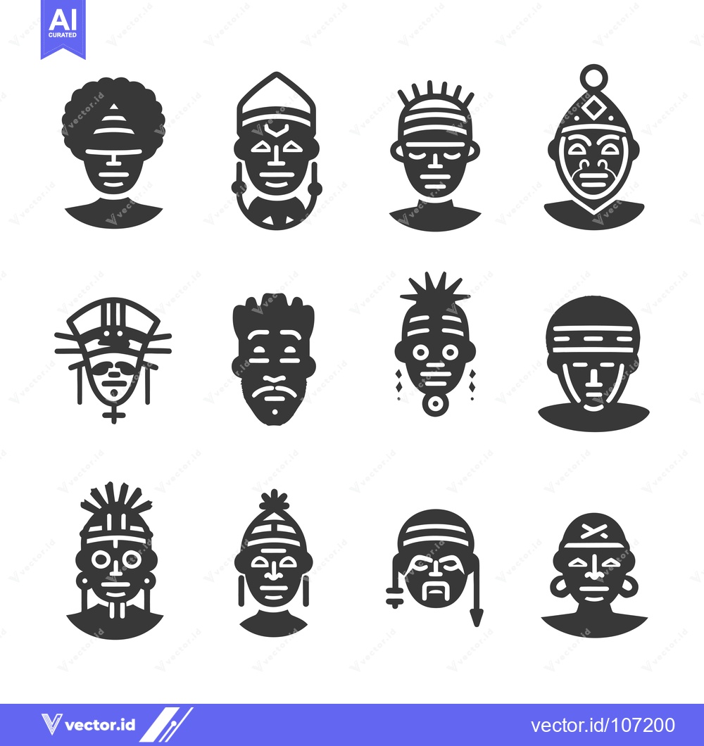 Premium Vector dari Twelve Diverse Tribal Masks with Unique Patterns and Adornments