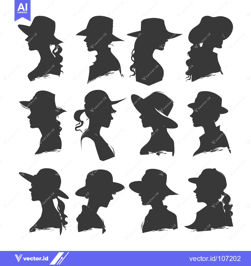 Premium Vector dari Twelve Female Silhouettes Wearing Hats in Profile