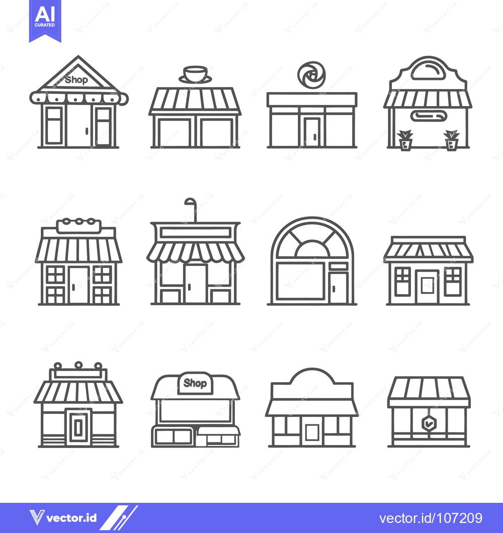 Premium Vector dari Twelve Hand-Drawn Outline Illustrations of Storefronts