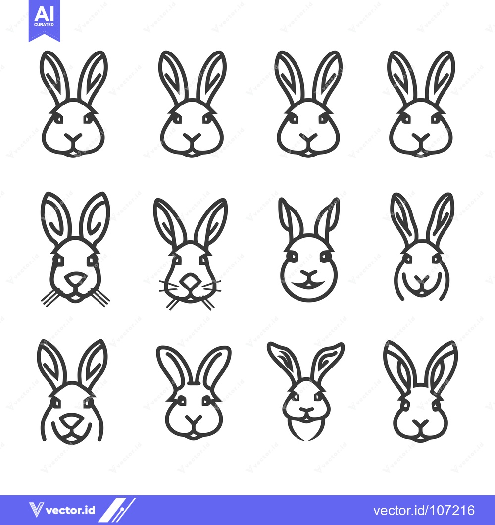 Premium Vector of Twelve Line Art Illustrations of Rabbit Faces with Variations in Featu