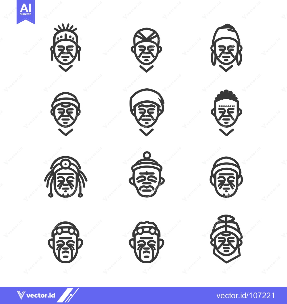 Premium Vector dari Twelve Line Drawings of Faces With Various Headwear and Facial Marking