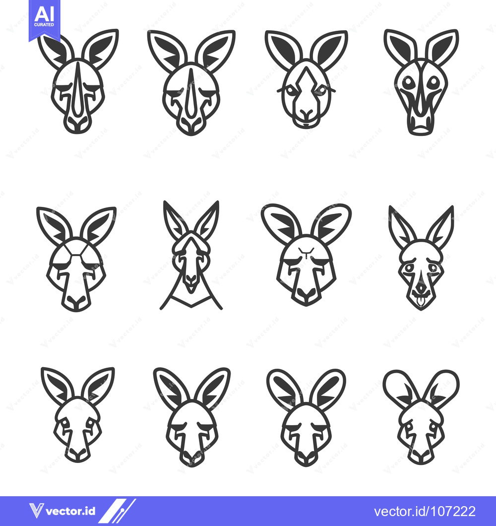 Premium Vector of Twelve Line Drawings of Kangaroo Heads with Various Expressions