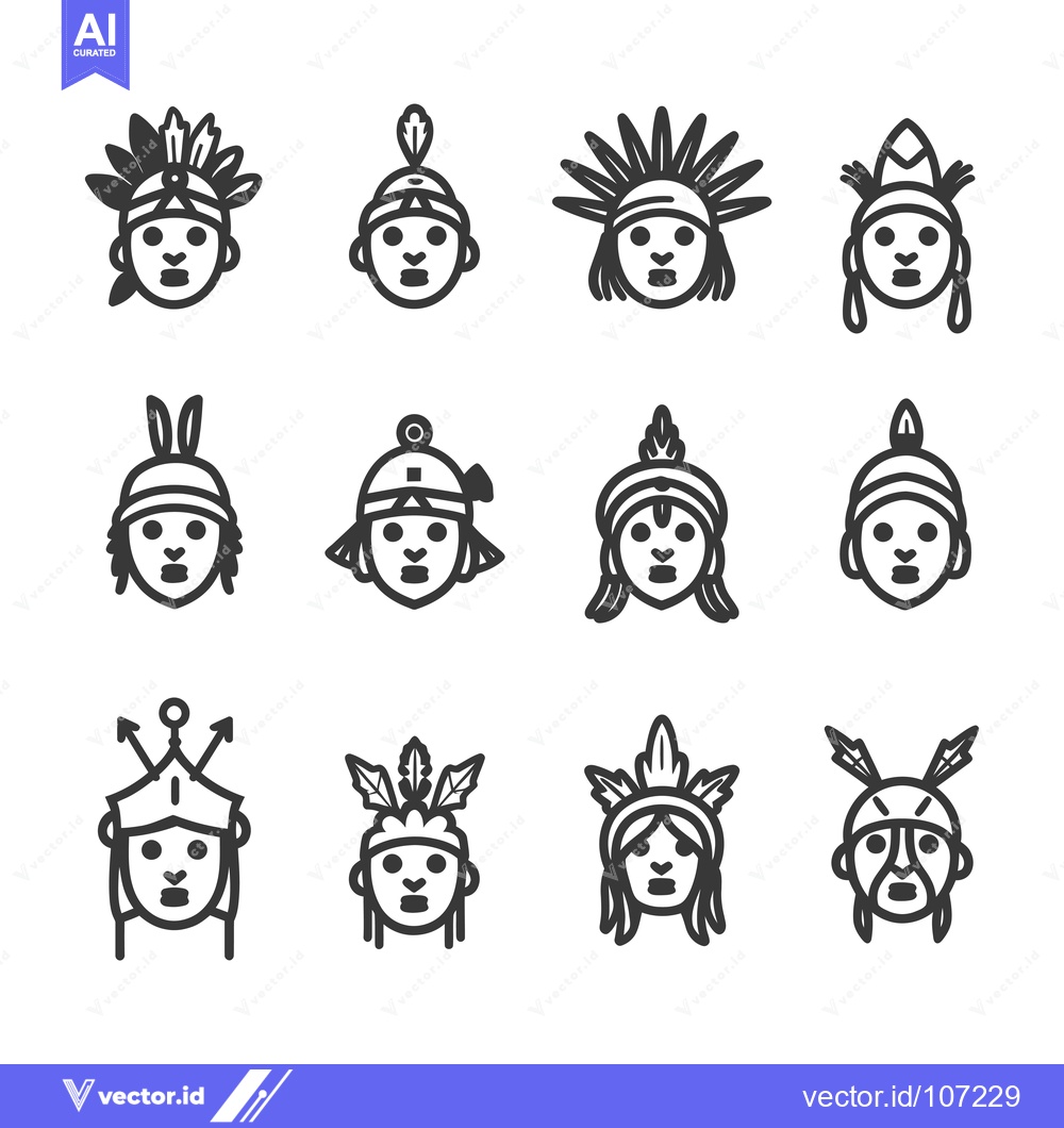 Premium Vector of Twelve Native American Icon Portraits with Diverse Headwear