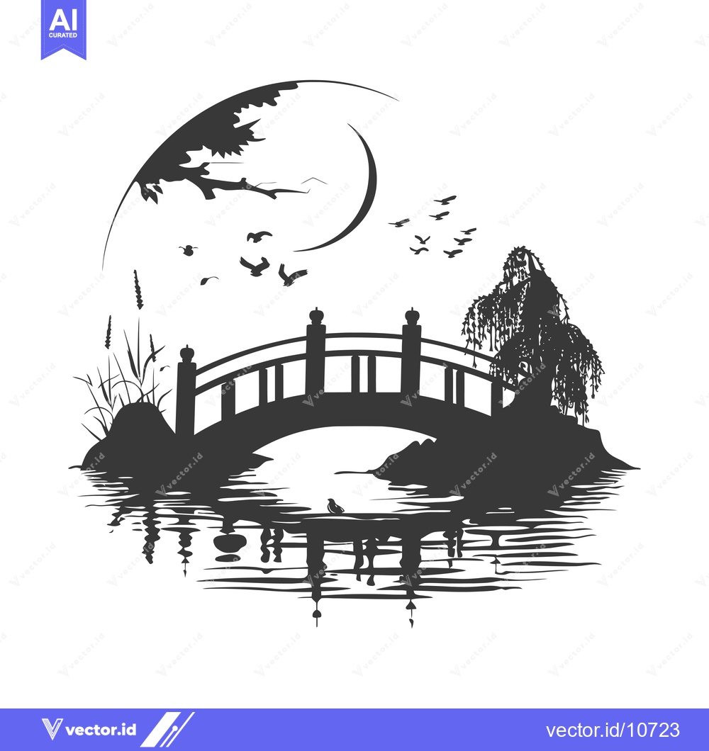 Premium Vector dari A Black and White Silhouette of a Bridge Over a River Under a Crescent