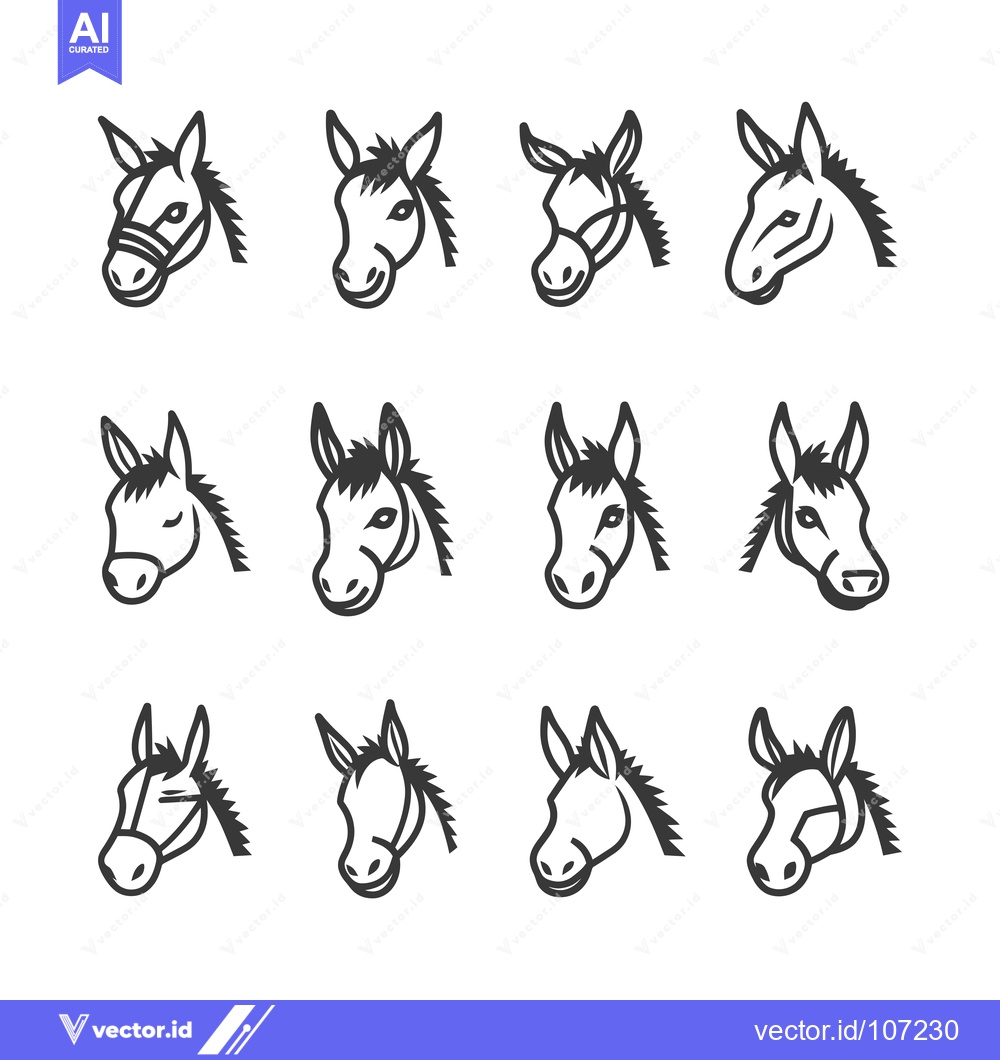 Premium Vector dari Twelve Outline Drawings of Donkey Heads with Various Facial Expression
