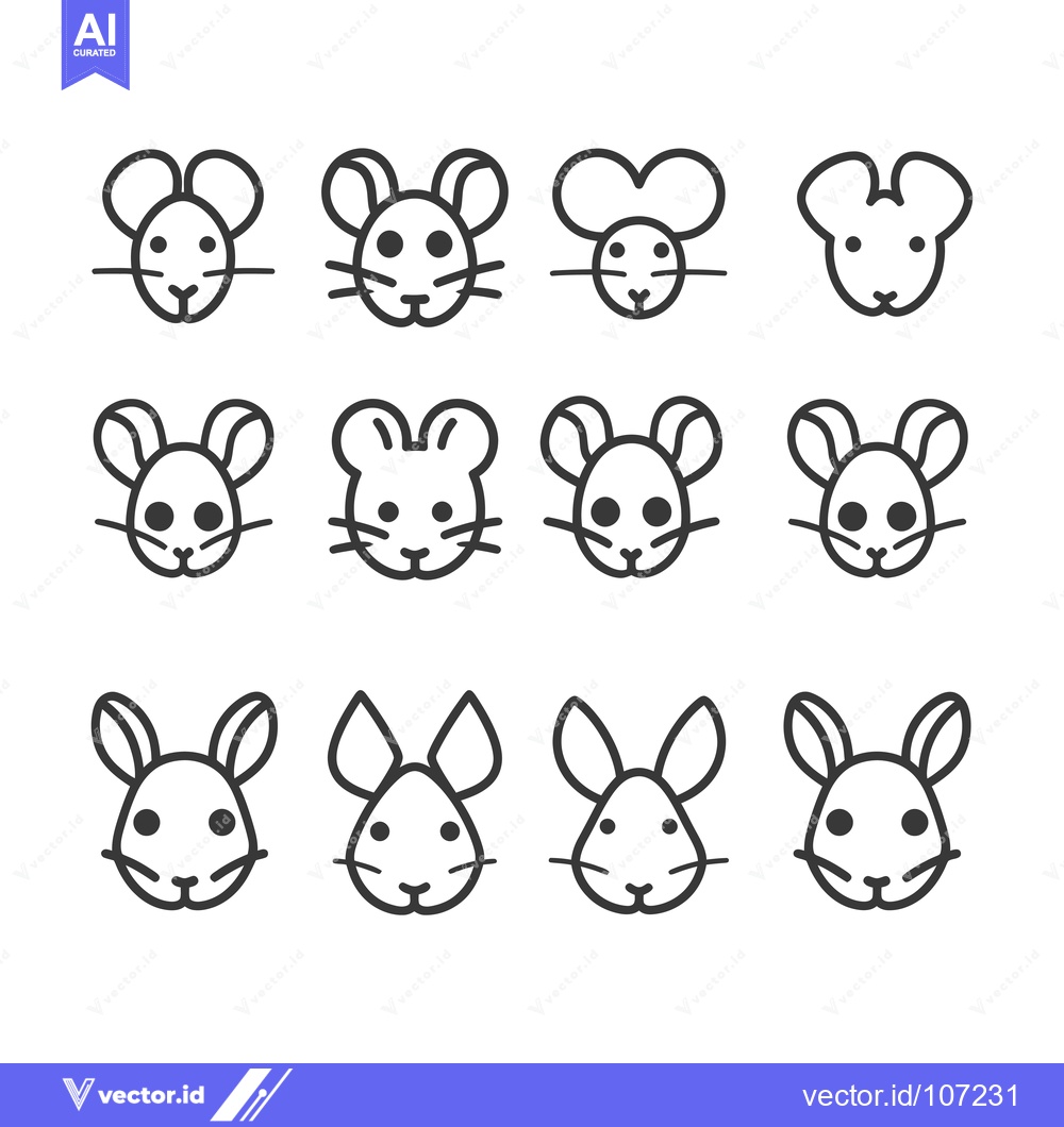 Premium Vector dari Twelve Outline Drawings of Mouse and Rabbit Faces