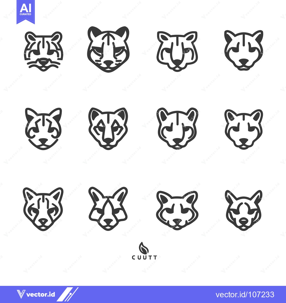 Premium Vector of Twelve Outline Illustrations of Bobcat Faces
