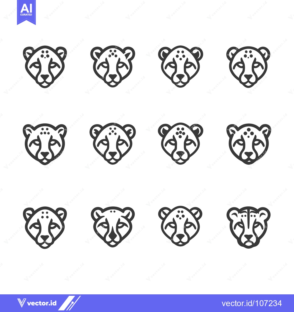 Premium Vector of Twelve Outline Illustrations of Cheetah Faces