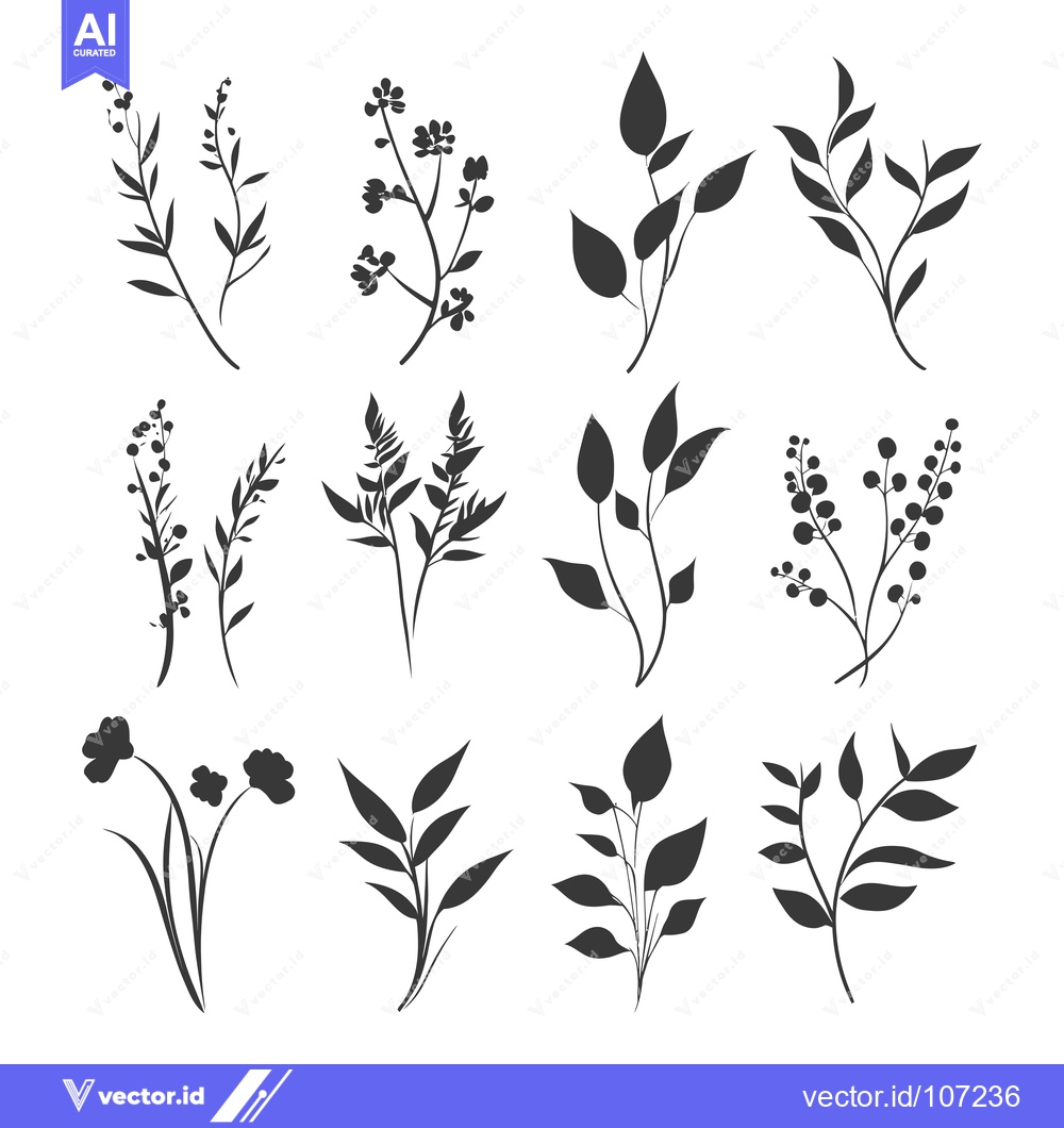 Premium Vector dari Twelve Silhouettes of Black and White Floral Branches