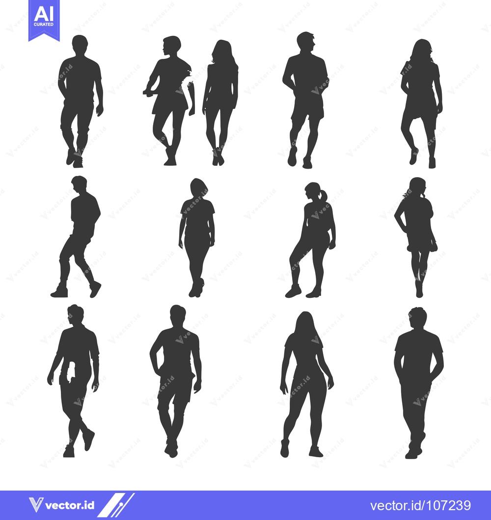 Premium Vector of Twelve Silhouettes of People Standing and Walking in Casual Clothing