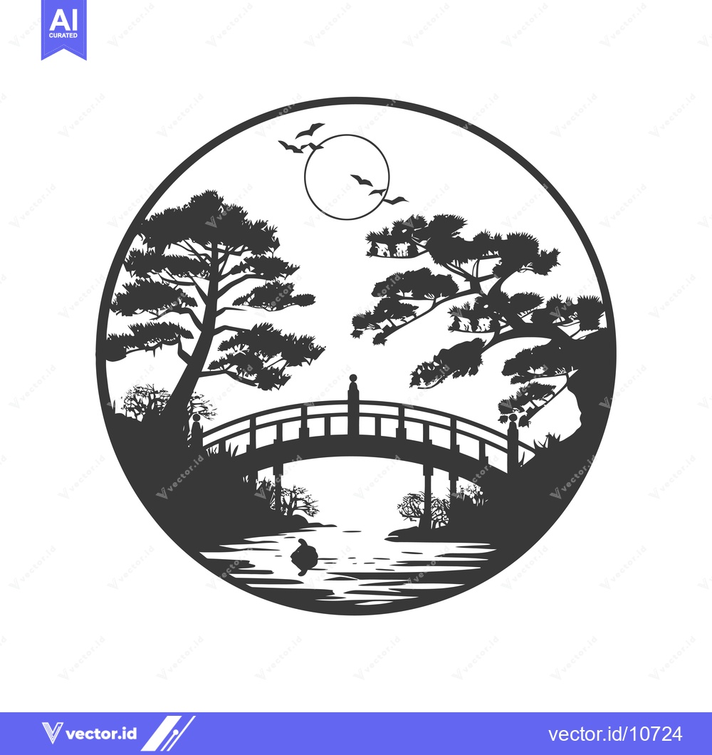 Premium Vector dari A Black and White Silhouette of a Bridge Over Water with Trees and a M