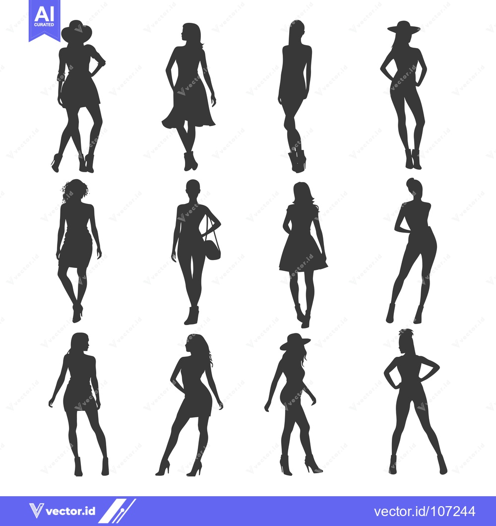 Premium Vector dari Twelve Silhouettes of Women in Dresses and Hats