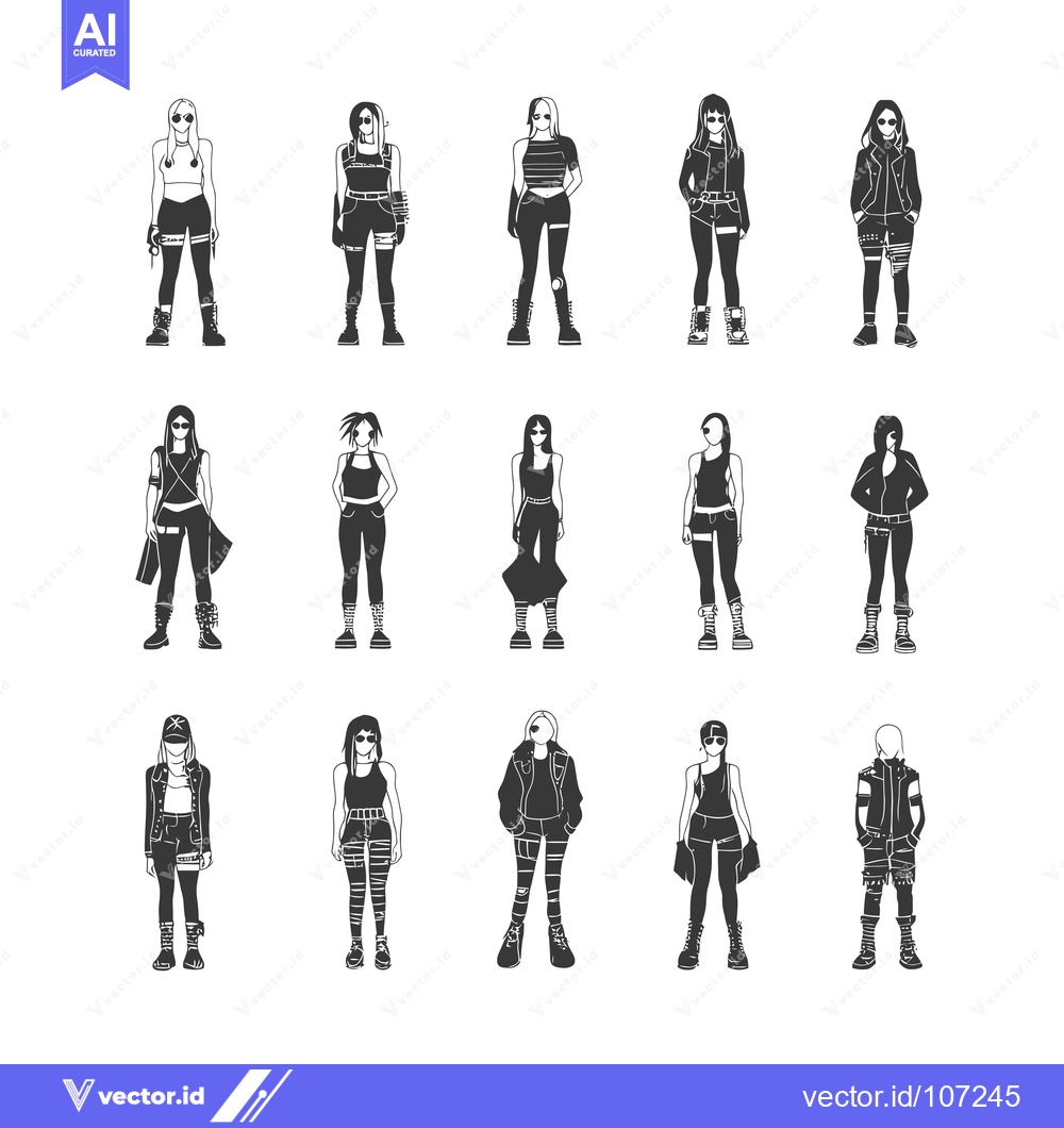 Premium Vector dari Twelve Silhouettes of Women in Edgy and Casual Streetwear