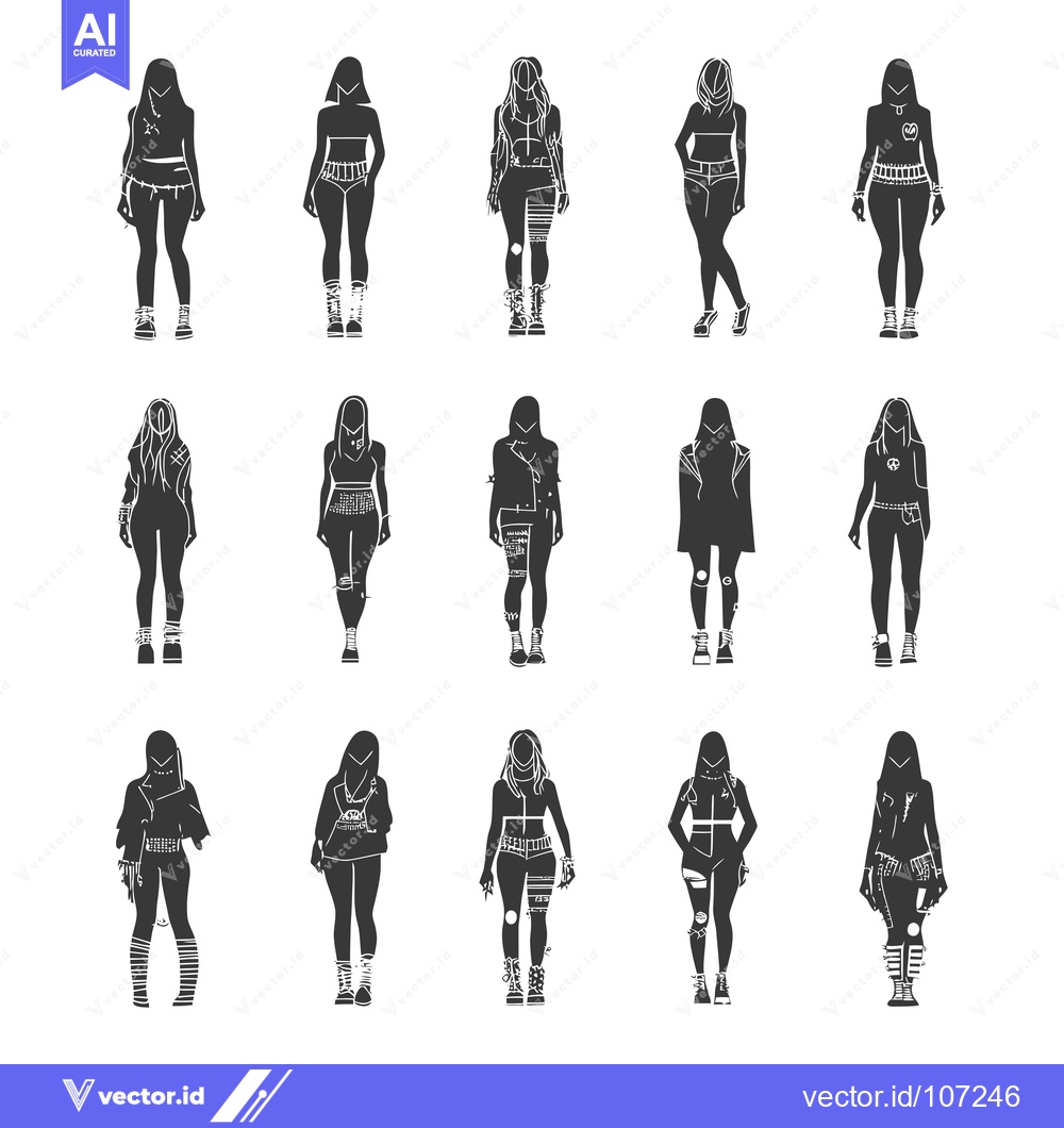 Premium Vector of Twelve Silhouettes of Women in Punk and Grunge Clothing