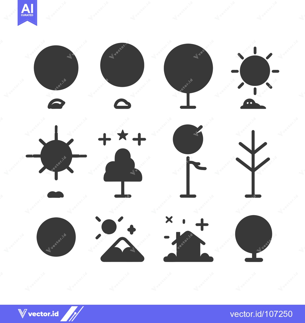 Premium Vector of Twelve Simple Black and White Icons Depicting Trees, Sun, and Other Na