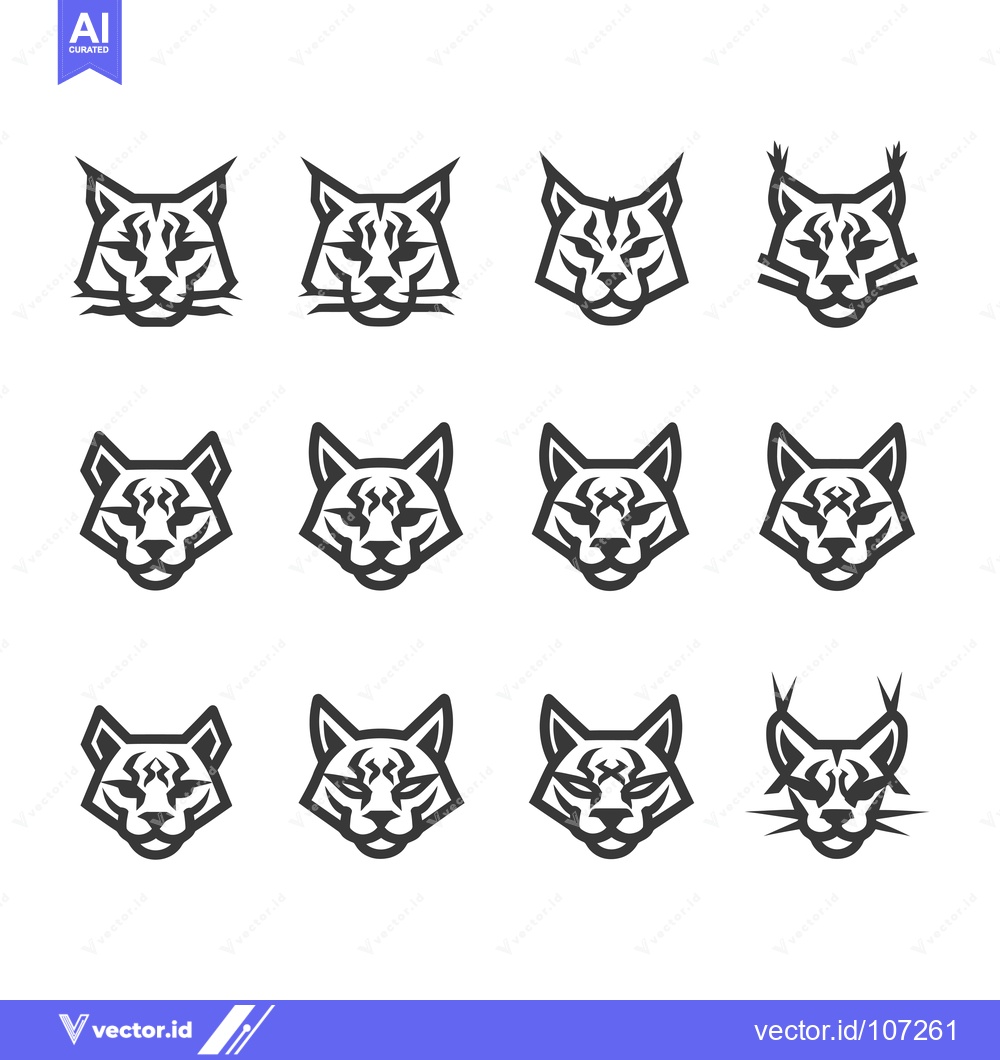 Premium Vector of Twelve Stylized Black and White Lynx Head Illustrations