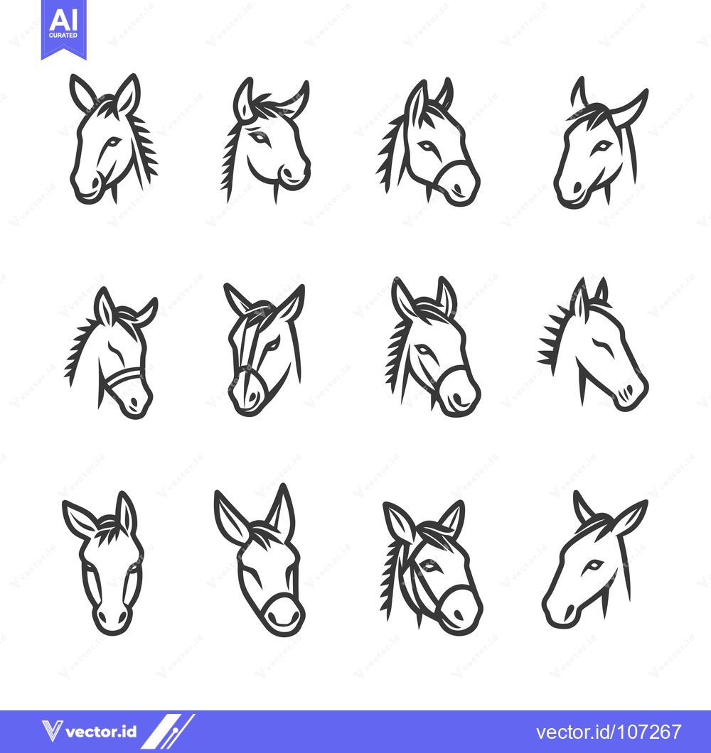 Premium Vector dari Twelve Variations of a Donkey Head in Outline Form