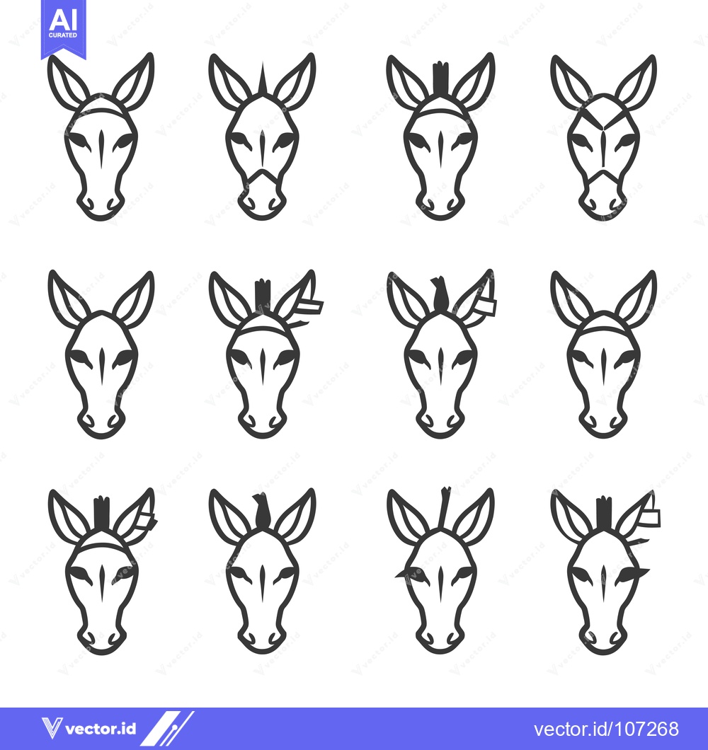 Premium Vector of Twelve Variations of a Simple Black and White Donkey Face Illustration