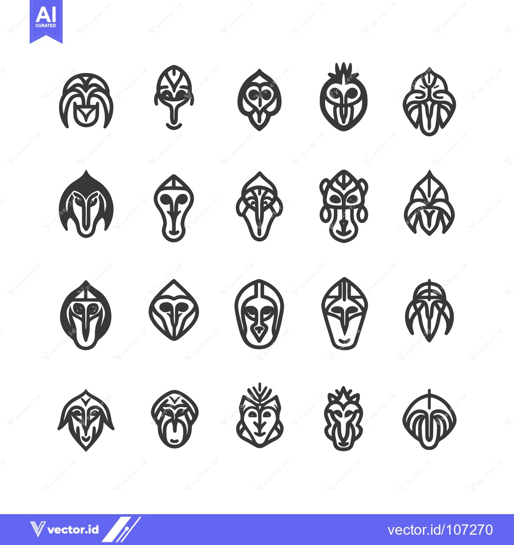 Premium Vector of Twenty Abstract Stylized Faces in Black and White