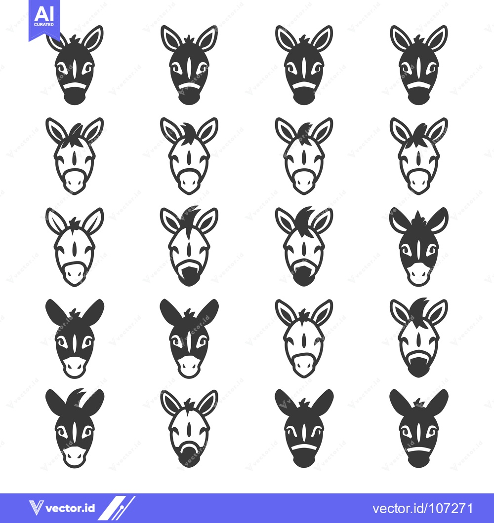 Premium Vector dari Twenty Black and White Donkey Head Icons
