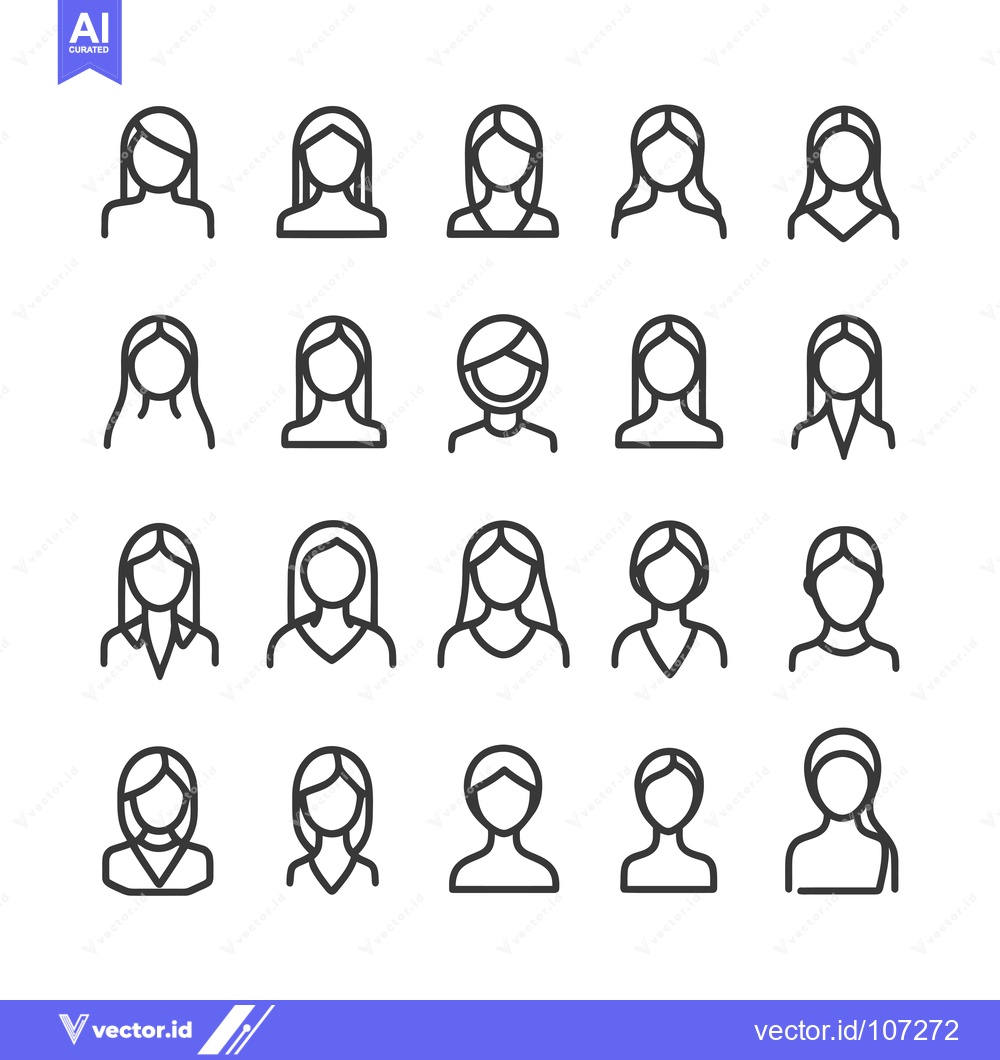 Premium Vector of Twenty Black and White Outline Icons of Female Faces