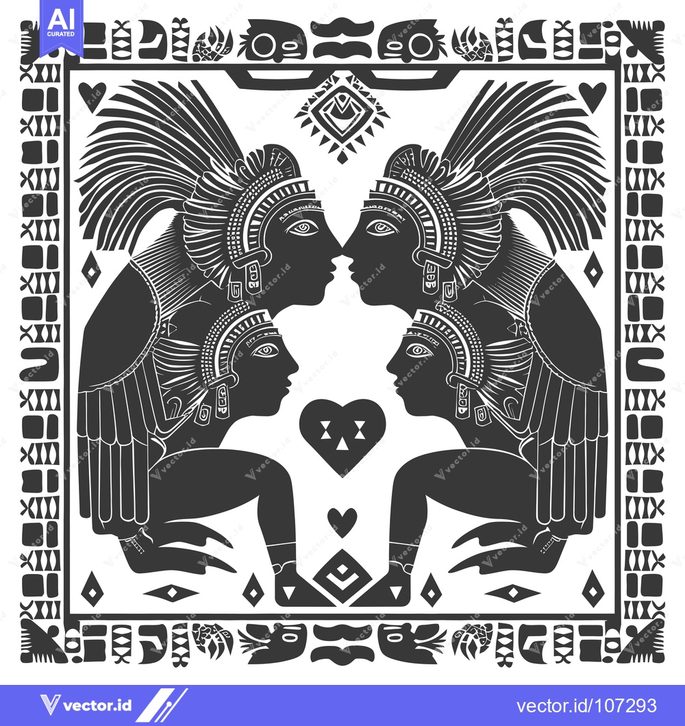 Premium Vector dari Two Ancient Figures Facing Each Other with Hearts and Geometric Patter