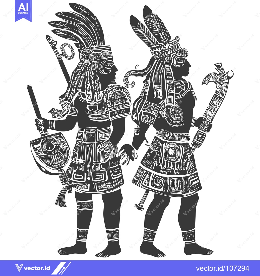 Premium Vector dari Two Ancient Mayan Warriors in Ornate Garb and Weapons