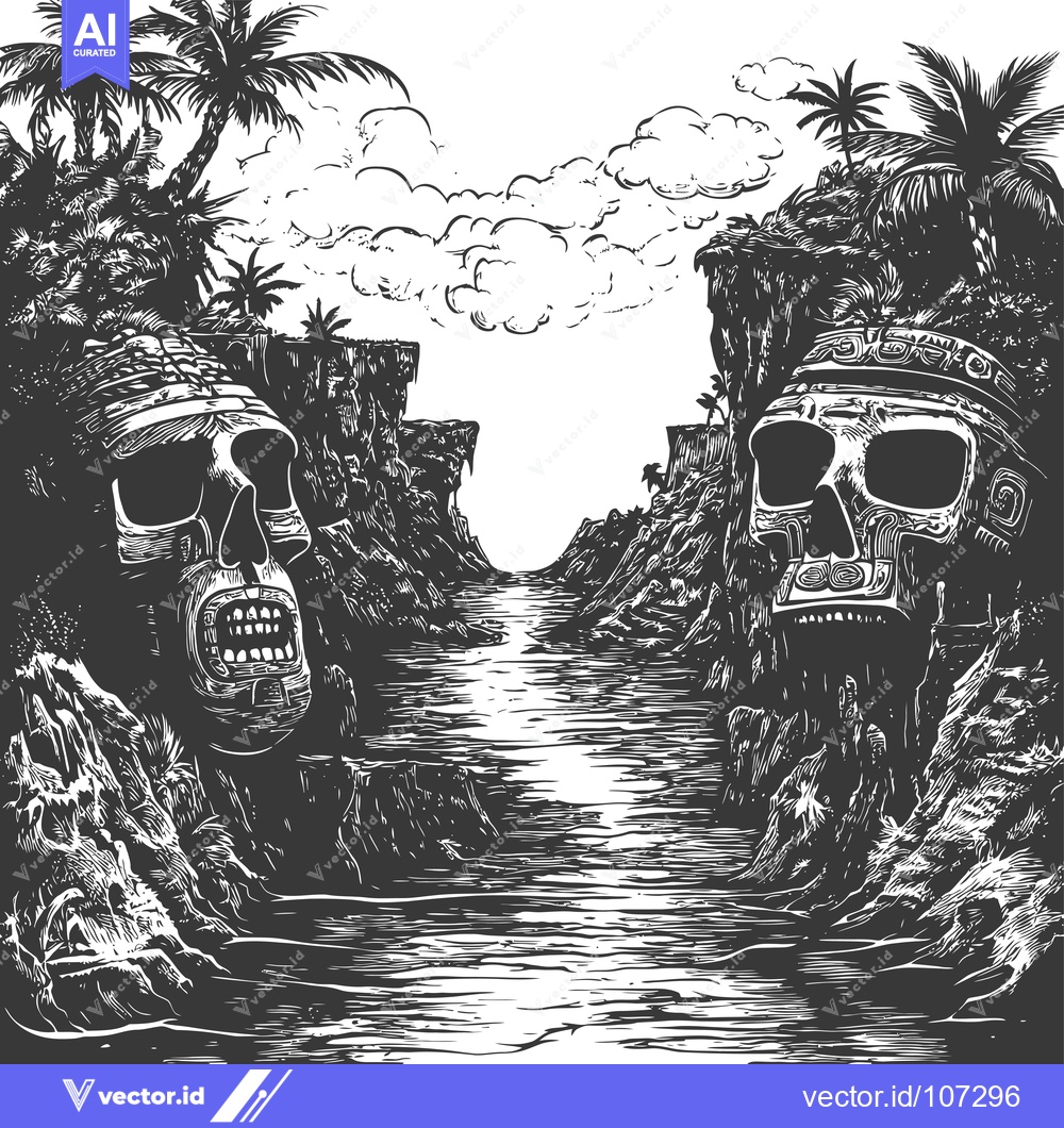 Premium Vector dari Two Ancient Stone Skulls Guarding a Tropical River