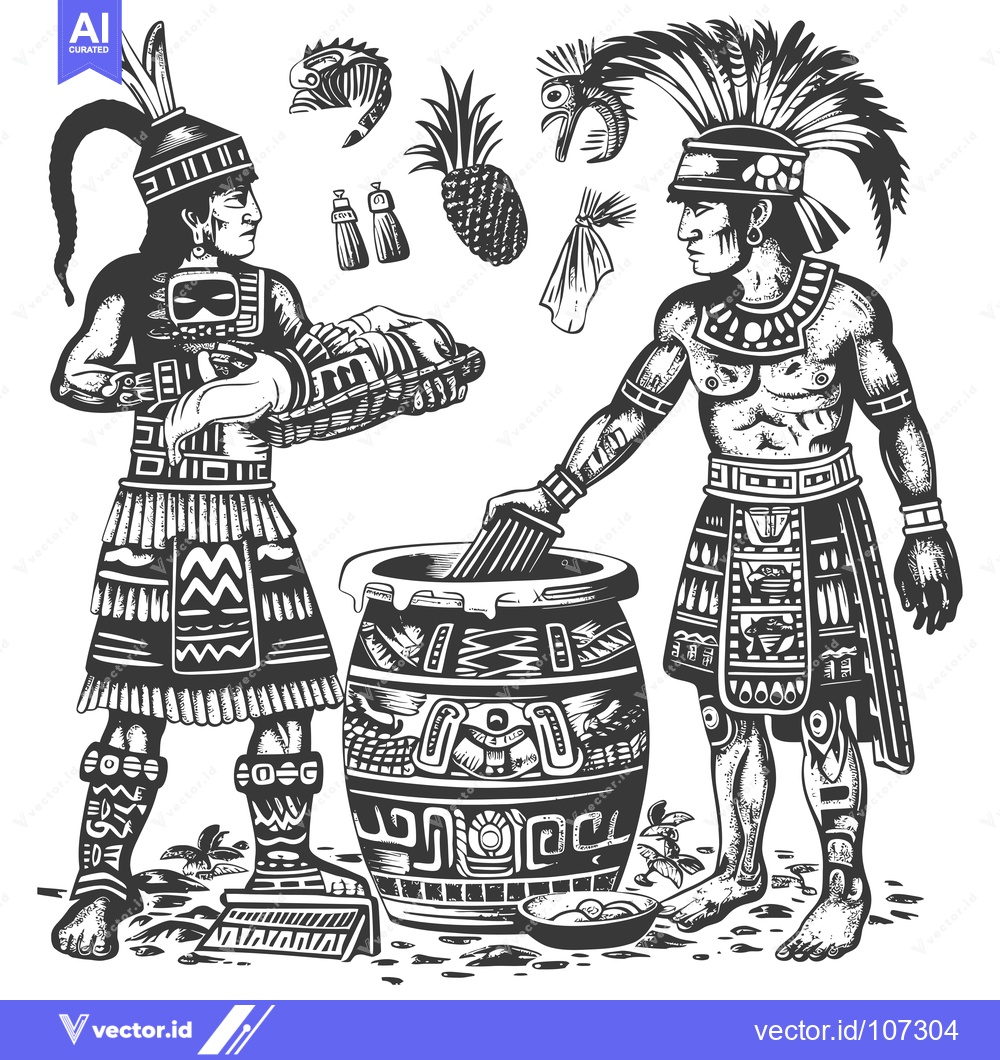 Premium Vector of Two Aztec Warriors Making Cacao In a Pot