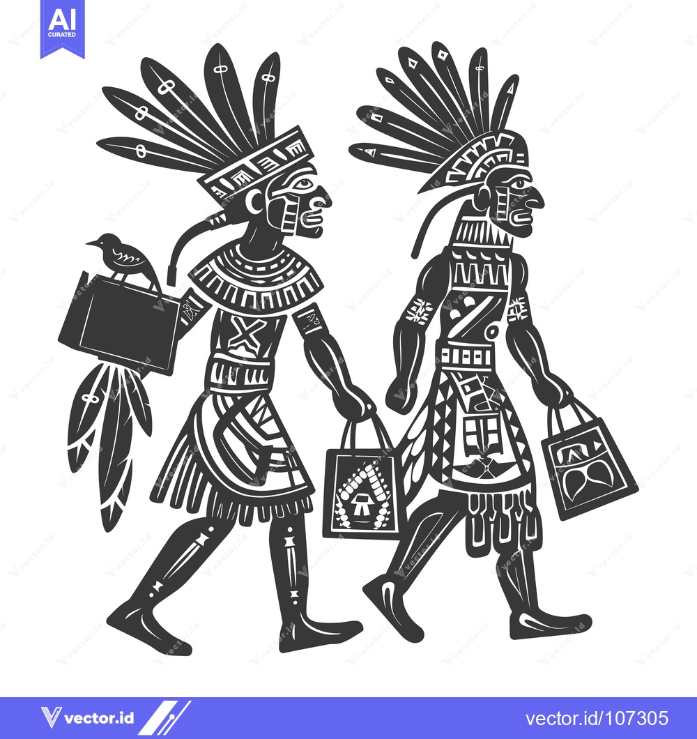 Premium Vector of Two Aztec Warriors Walking with Bags and a Bird