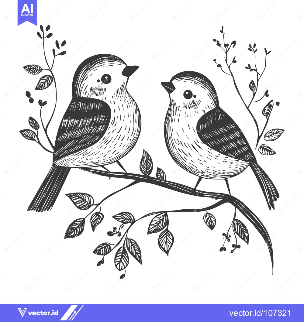 Premium Vector of Two Birds Perched on a Branch with Leaves