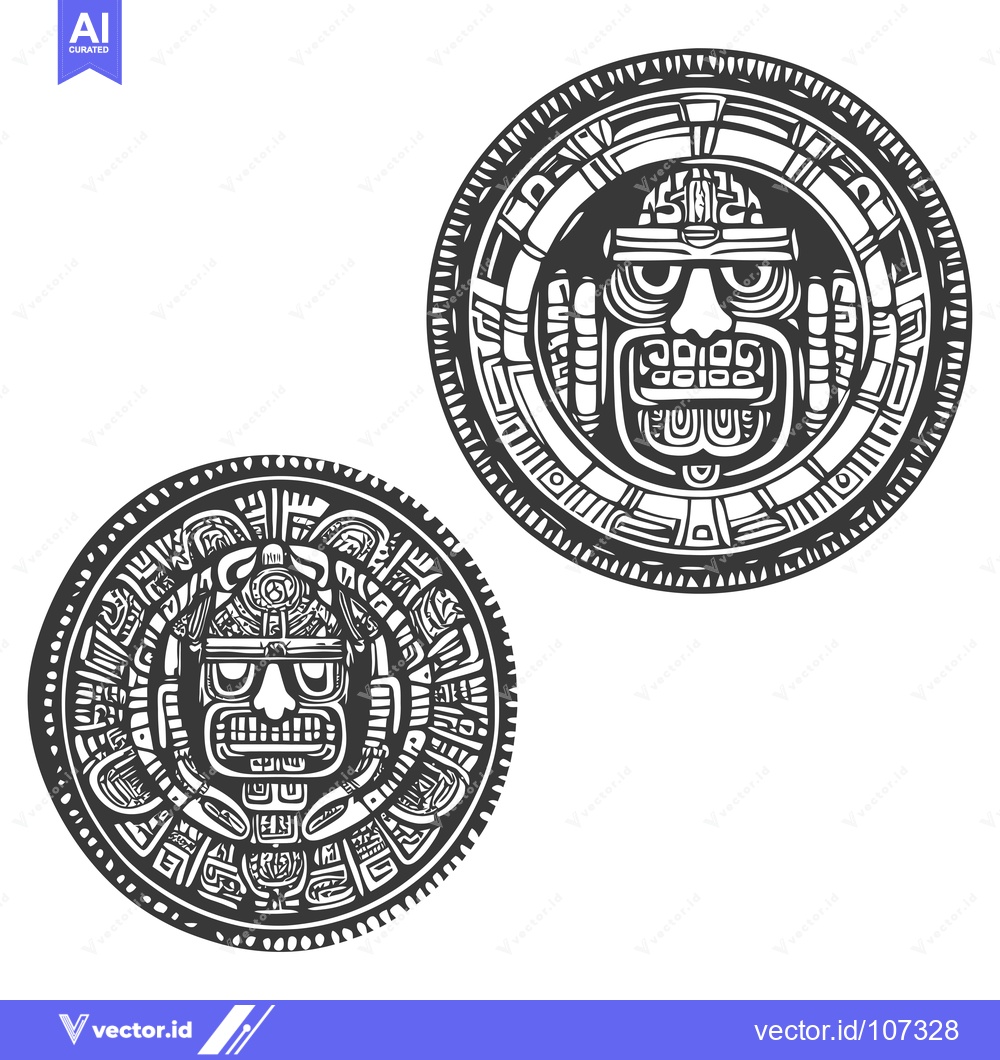 Premium Vector of Two Black and White Circular Designs with Intricate Mayan-Inspired Pat