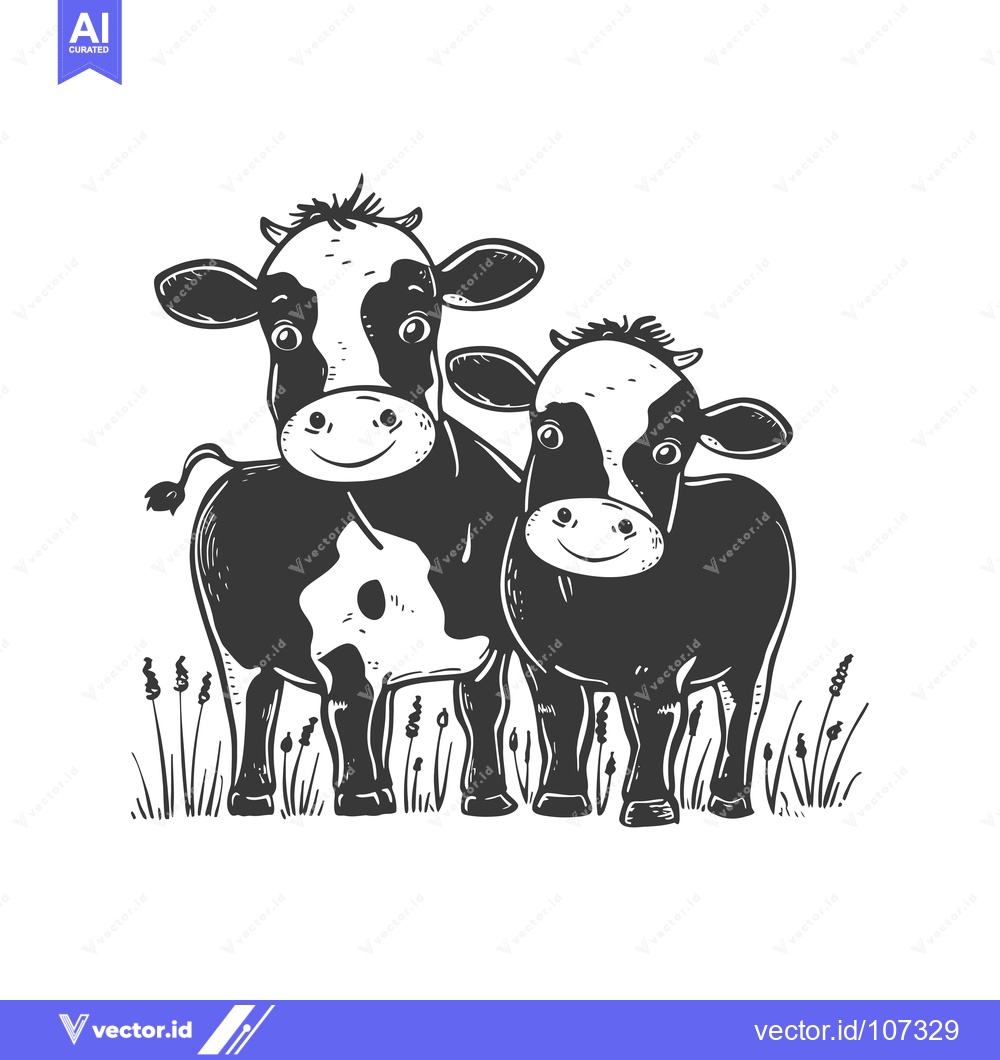 Premium Vector dari Two Black and White Cows Standing in Grass