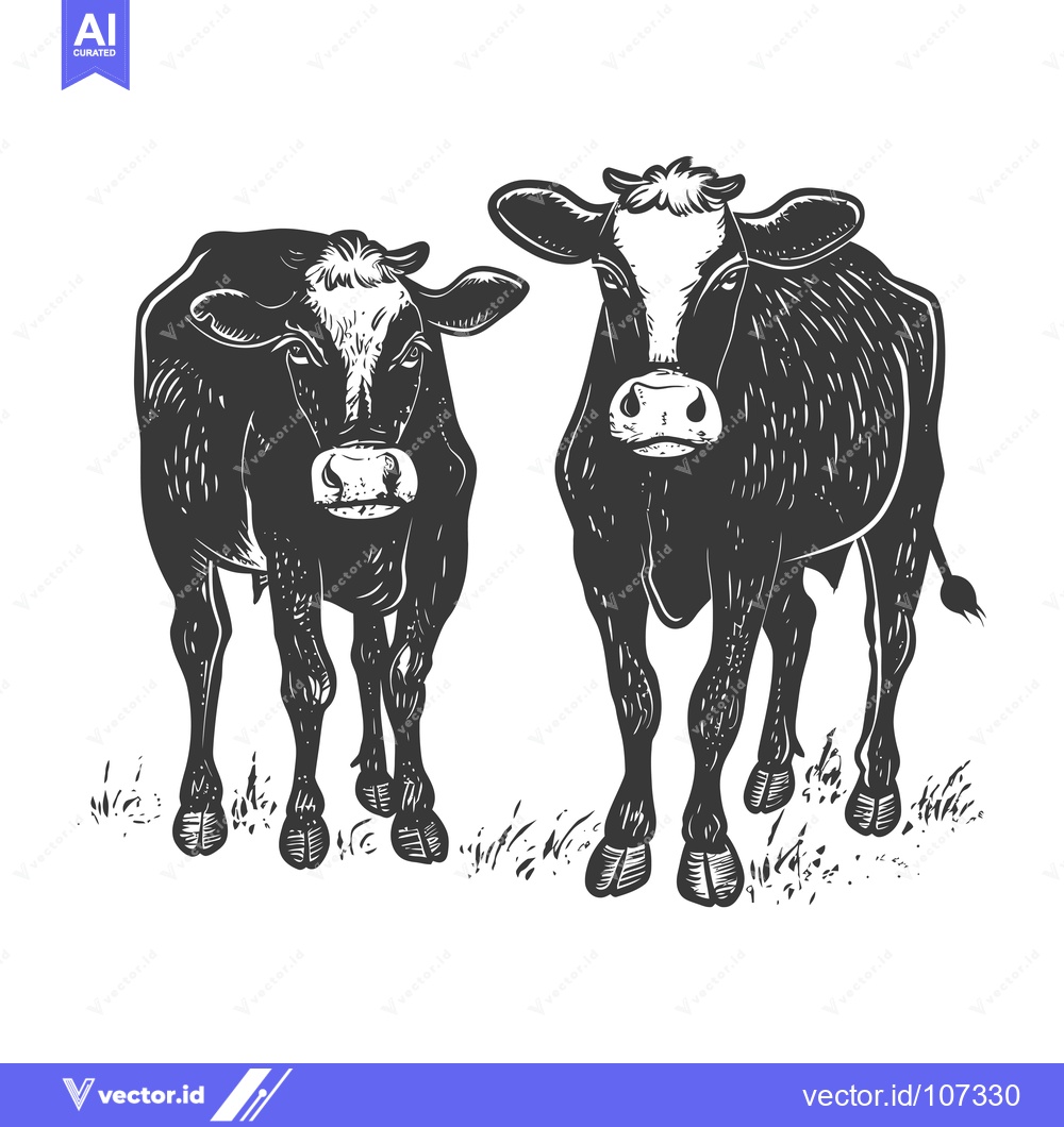 Premium Vector dari Two Black and White Cows Standing in Grass