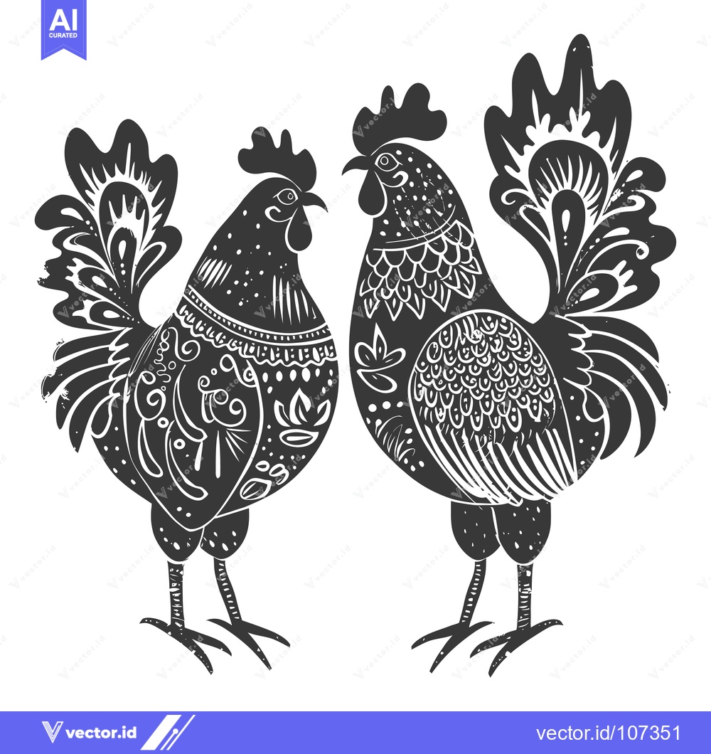 Premium Vector of Two Black and White Roosters with Detailed Patterns on Their Feathers