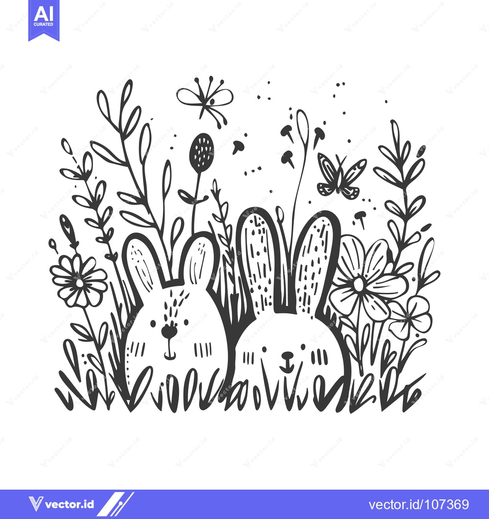 Premium Vector dari Two Bunnies in a Field of Flowers and Butterflies