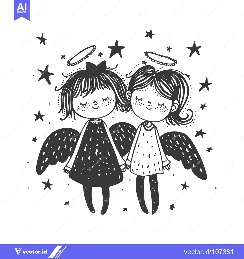 Premium Vector dari Two Cartoon Angels with Haloes and Wings Surrounded by Stars