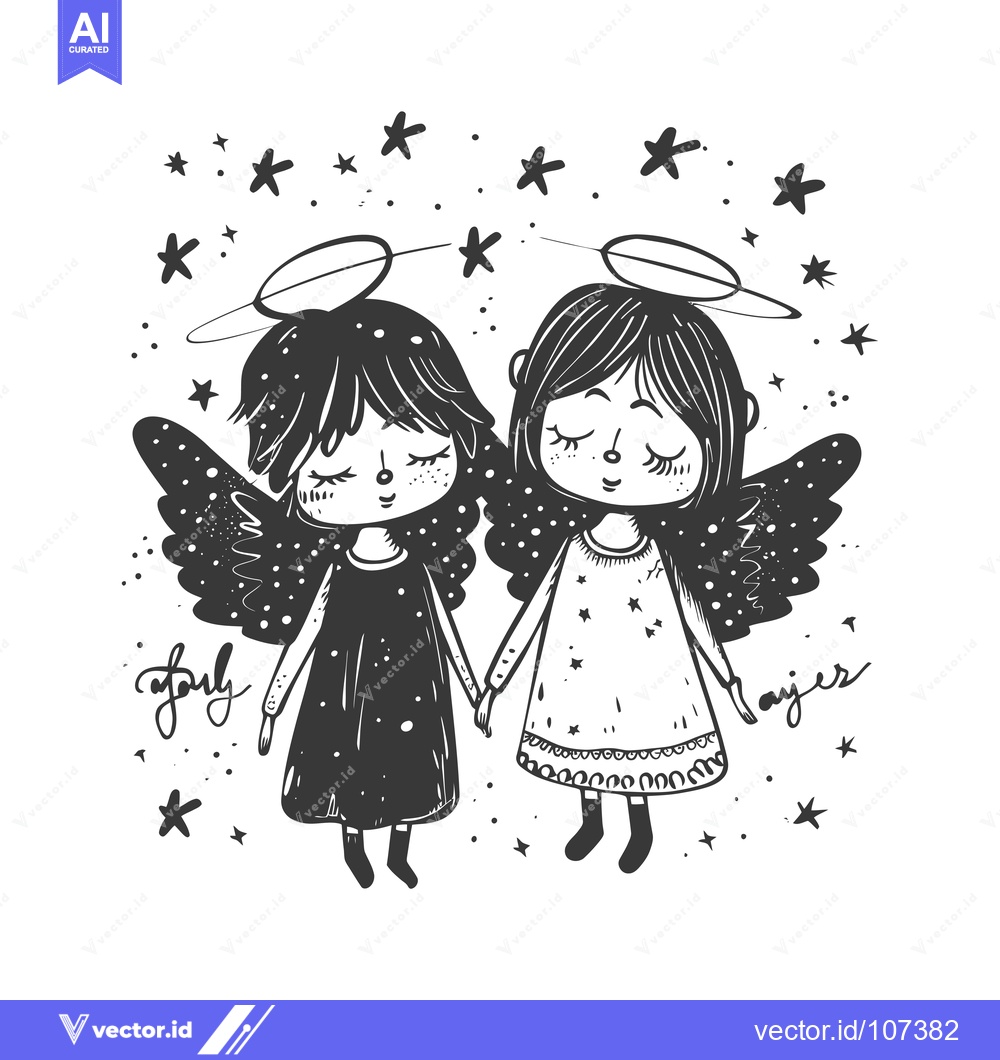 Premium Vector of Two Cartoon Angels with Halos and Wings Surrounded by Stars