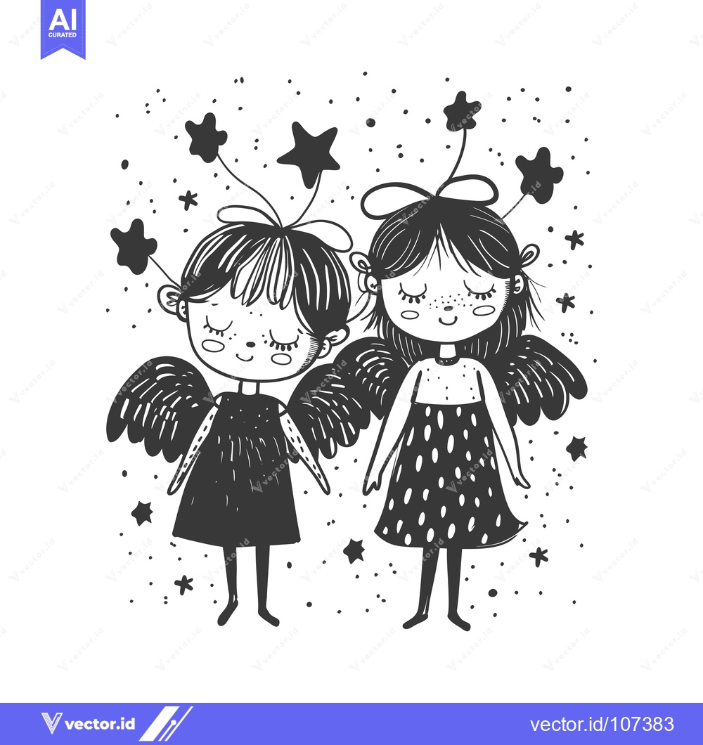 Premium Vector dari Two Cartoon Angels with Star-Shaped Halos and Wings
