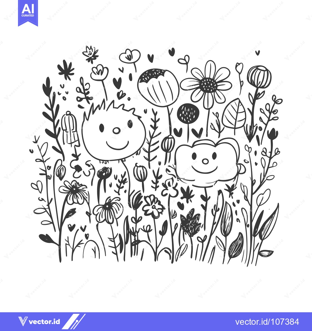 Premium Vector dari Two Cartoon Animals Amidst a Black and White Floral Garden