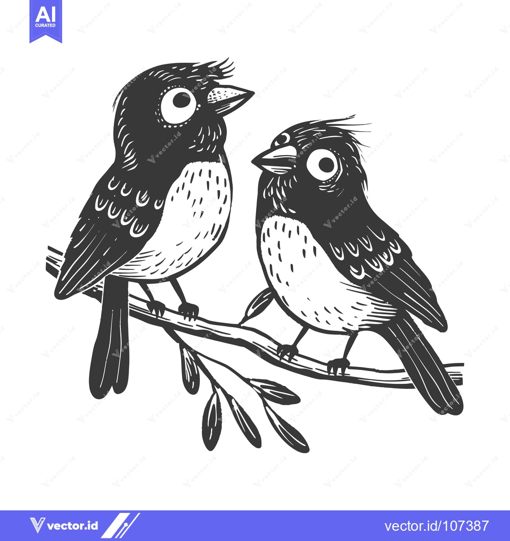 Premium Vector dari Two Cartoon Birds Perched on a Branch with Big Eyes