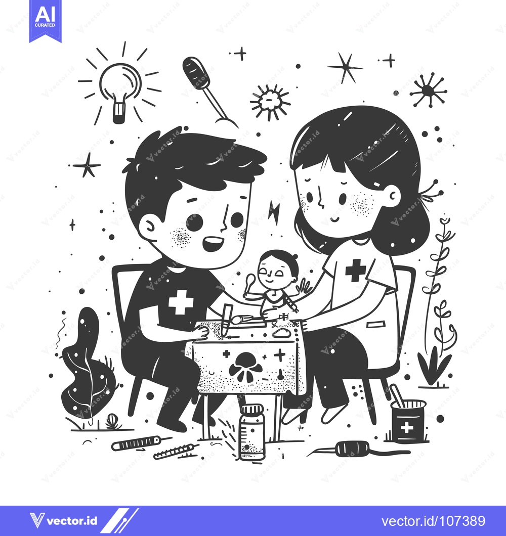 Premium Vector dari Two Cartoon Doctors Treating a Tiny Patient with a First Aid Kit