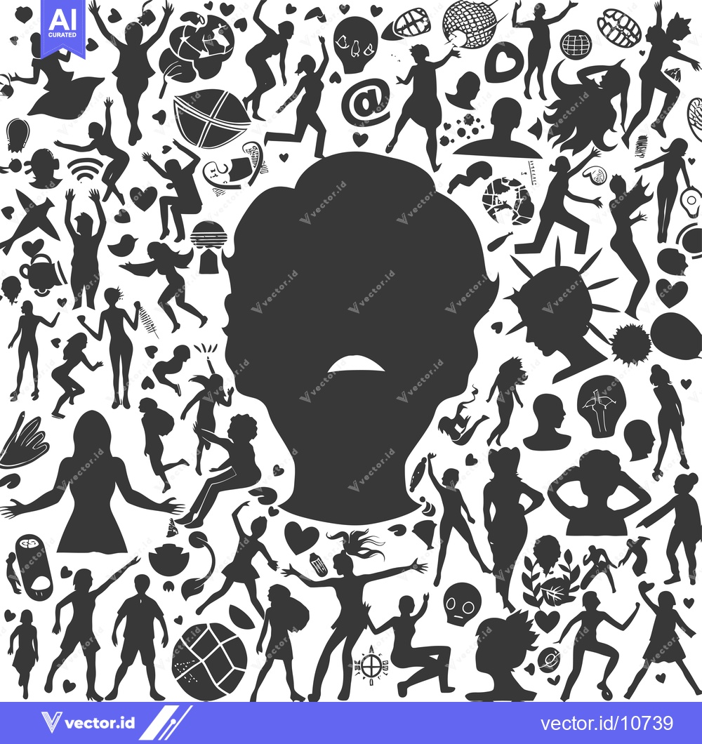 Premium Vector dari A Black and White Silhouette of a Human Head Surrounded by Silhouettes