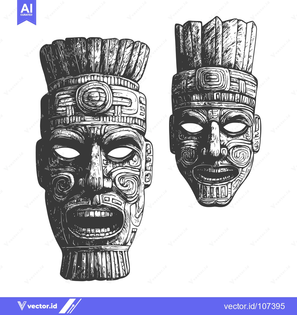 Premium Vector of Two Carved Wooden Masks with Intricate Designs