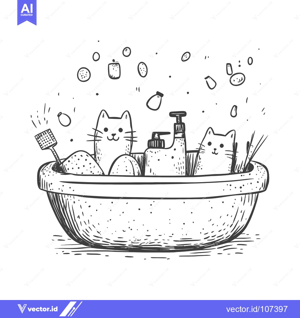 Premium Vector of Two Cats Taking a Bath with Soap Bottles and a Brush